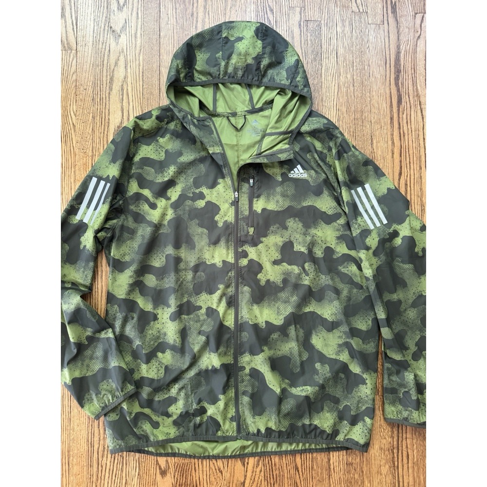 Adidas Running Jacket Men XL Green Camo Hooded Full Zip Reflective